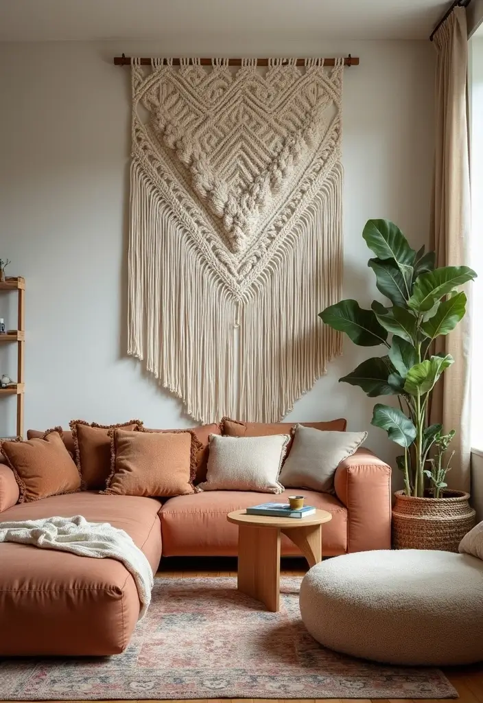 28 Living Room Partition Ideas That Define Space Beautifully - 8. Macramé Wall Hangings for Texture