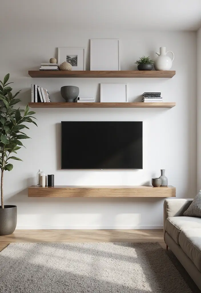 28 Living Room TV Wall Design Ideas That Look Stylish and Clean - 1. Floating Shelves for a Light Aesthetic