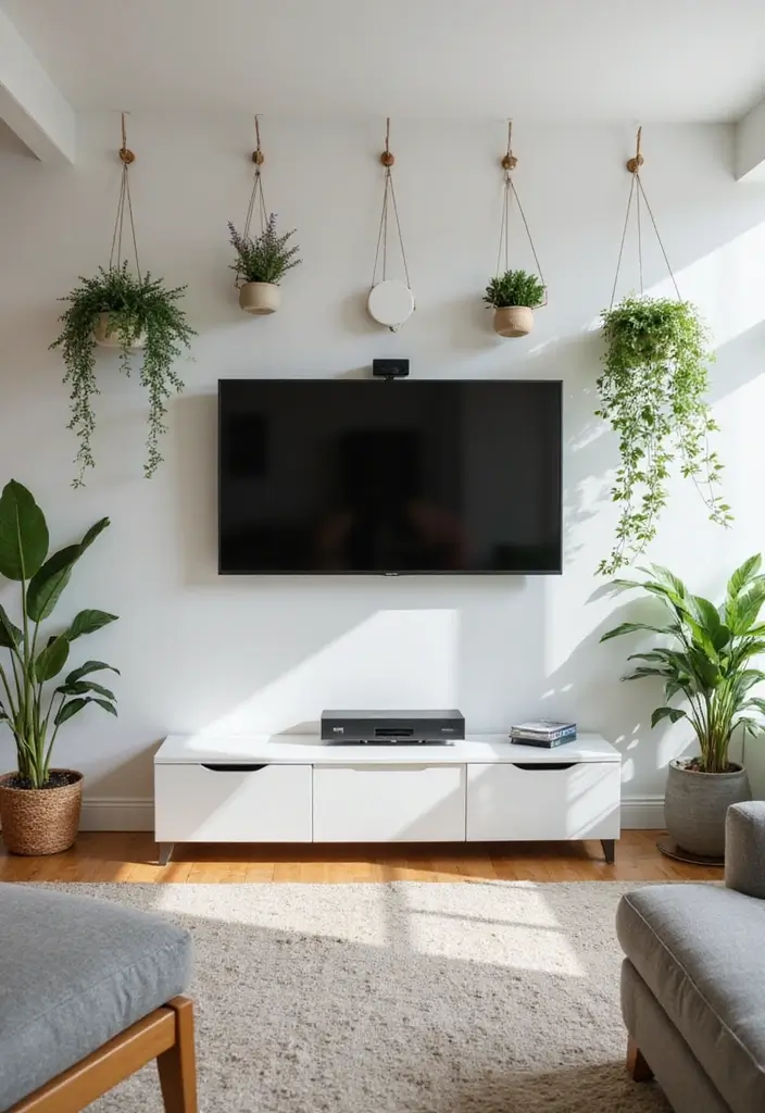 28 Living Room TV Wall Design Ideas That Look Stylish and Clean - 16. Wall-Mounted Plants for a Fresh Touch