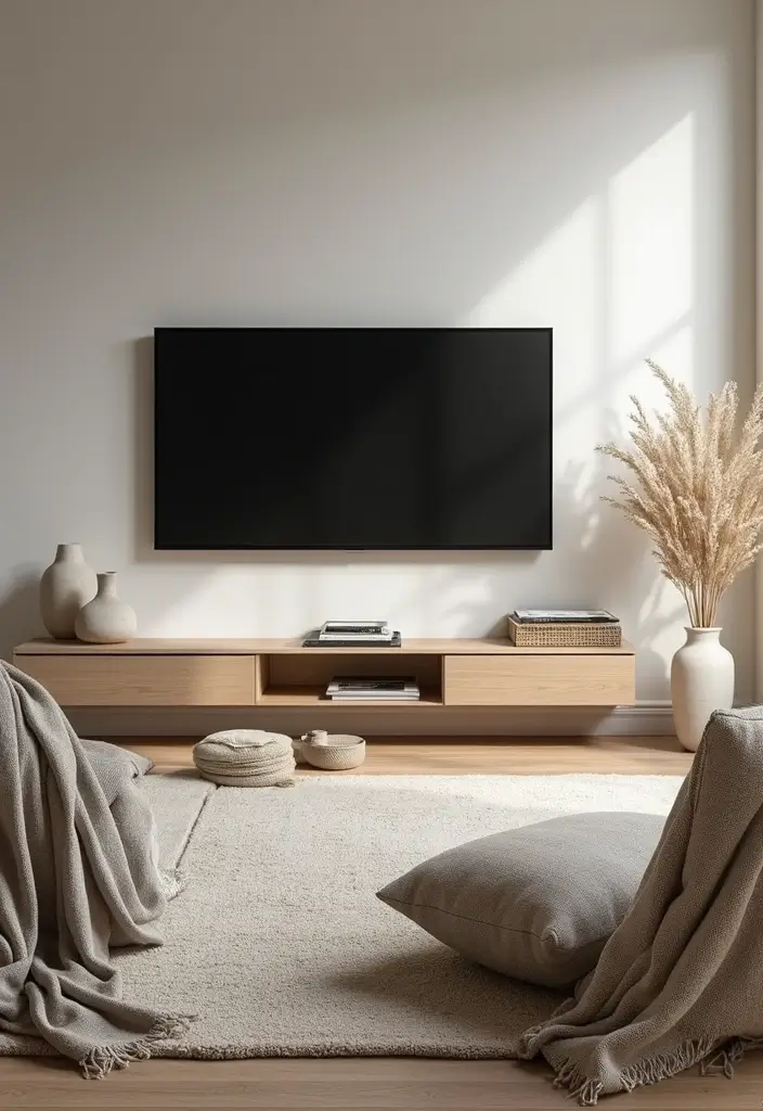 28 Living Room TV Wall Design Ideas That Look Stylish and Clean - 17. Layered Textiles for Comfort