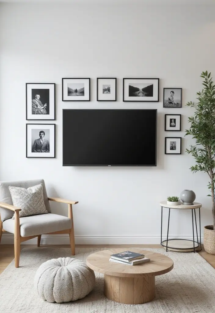28 Living Room TV Wall Design Ideas That Look Stylish and Clean - 20. Minimalist Photo Displays