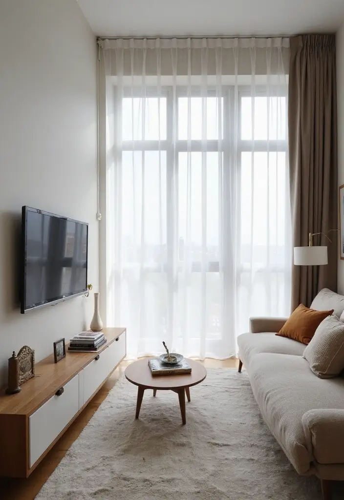 28 Living Room TV Wall Design Ideas That Look Stylish and Clean - 22. Minimalist Window Treatments