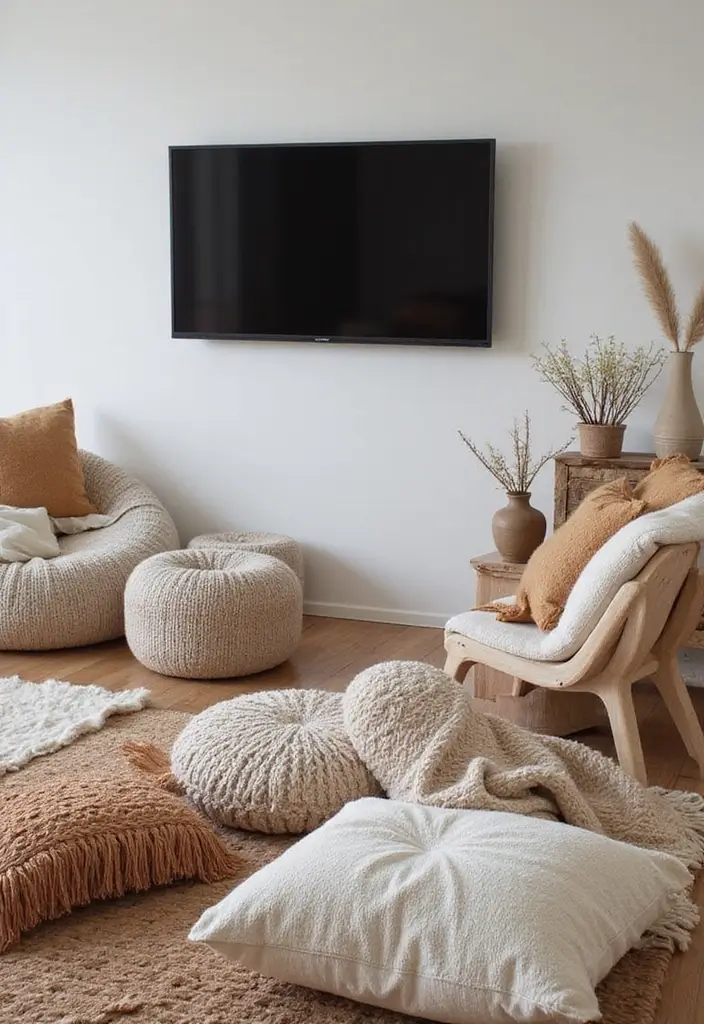 28 Living Room TV Wall Design Ideas That Look Stylish and Clean - 26. Layering with Throws and Pillows