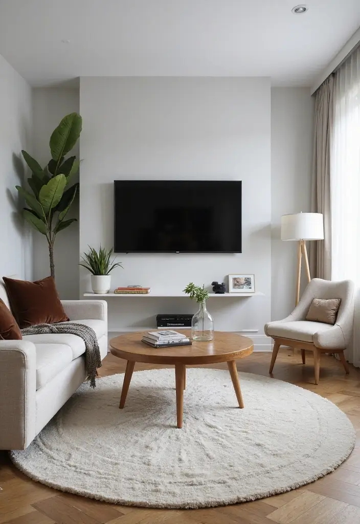 28 Living Room TV Wall Design Ideas That Look Stylish and Clean - 27. Minimalist Area Rugs