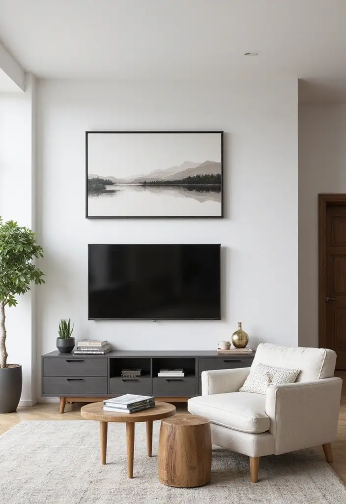 28 Living Room TV Wall Design Ideas That Look Stylish and Clean - 3. Simple Artwork to Define the Space