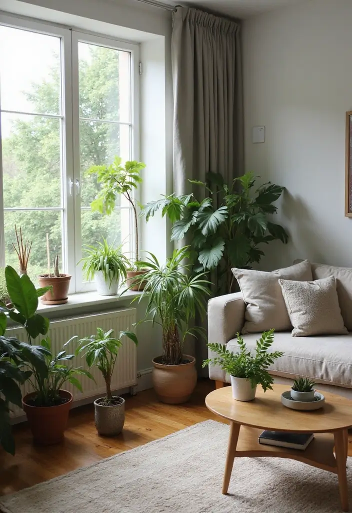 28 Living Room With Sofa Ideas That Feel Cozy and Balanced - 16. Greenery for Comfort