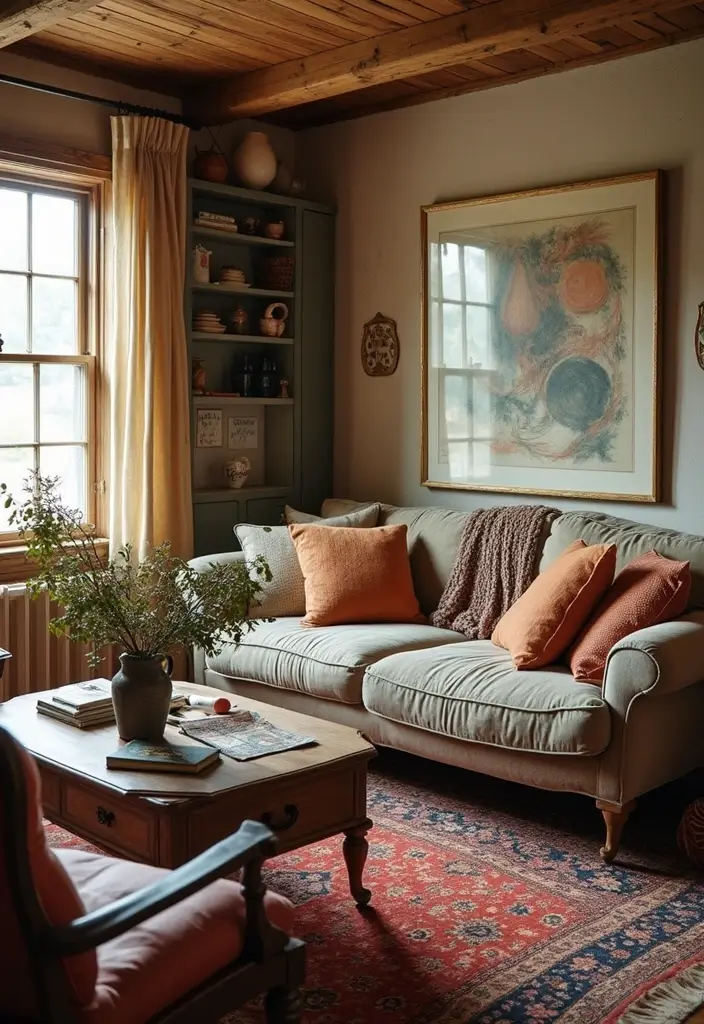28 Living Room With Sofa Ideas That Feel Cozy and Balanced - 17. Vintage Charm
