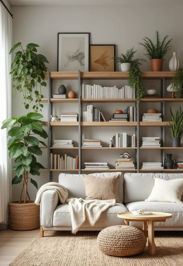 28 Living Room With Sofa Ideas That Feel Cozy and Balanced - 18. Open Shelving Displays