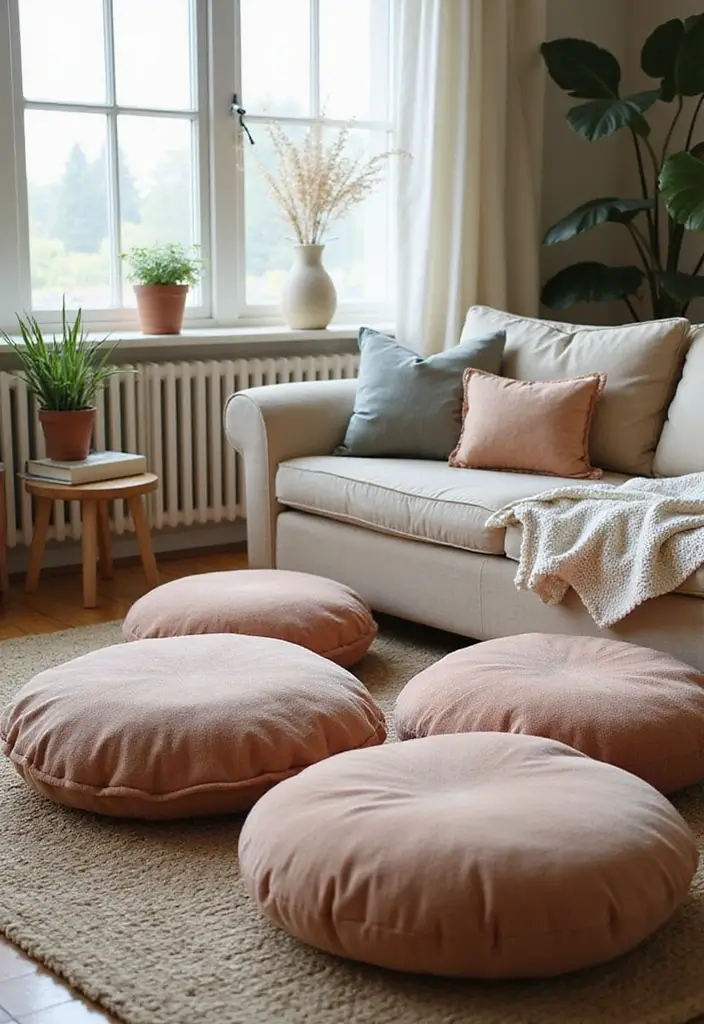 28 Living Room With Sofa Ideas That Feel Cozy and Balanced - 20. Cozy Floor Cushions