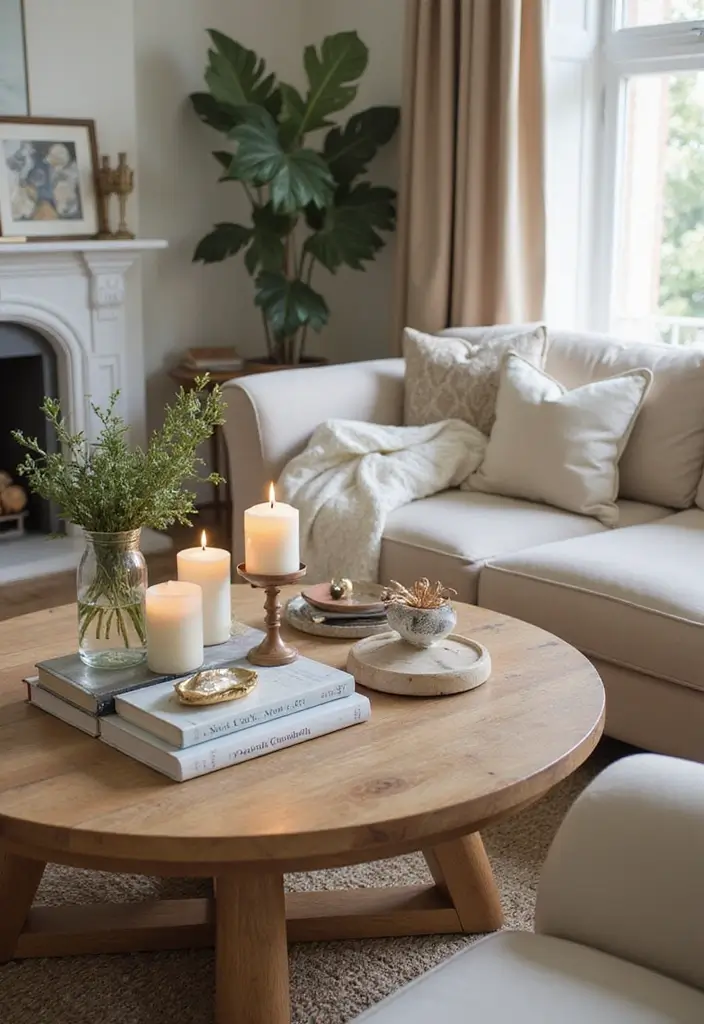 28 Living Room With Sofa Ideas That Feel Cozy and Balanced - 28. Curated Coffee Table Displays
