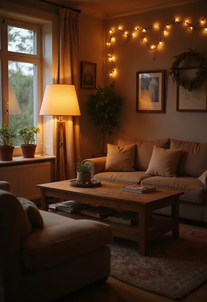 28 Living Room With Sofa Ideas That Feel Cozy and Balanced - 5. Soft Lighting Magic