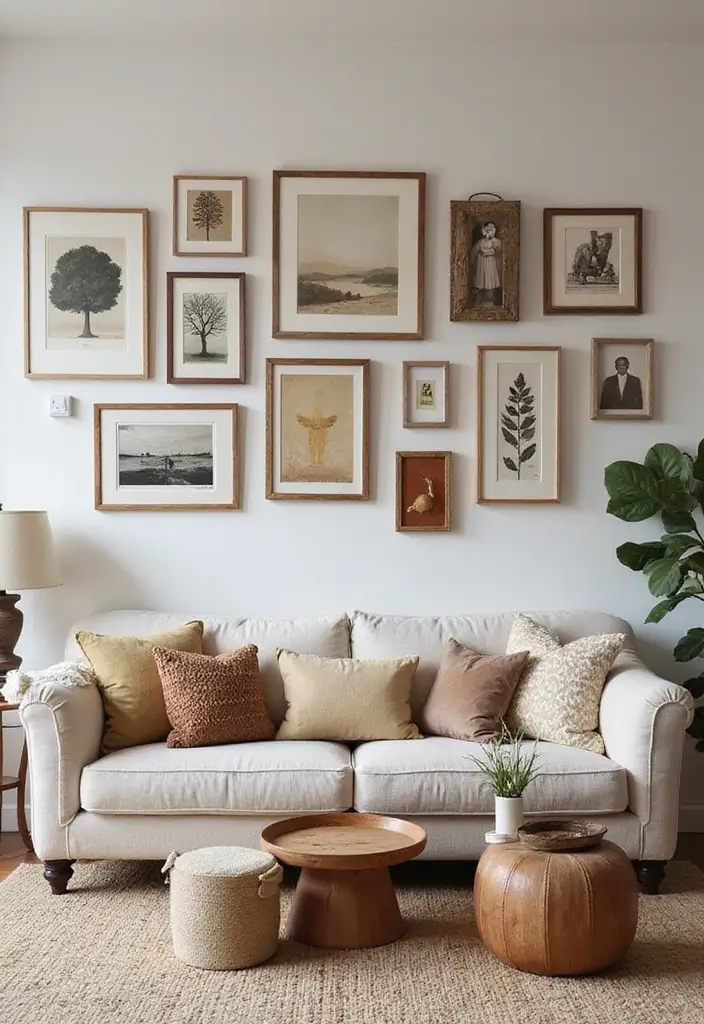 28 Living Room With Sofa Ideas That Feel Cozy and Balanced - 7. Wall Art Wonders