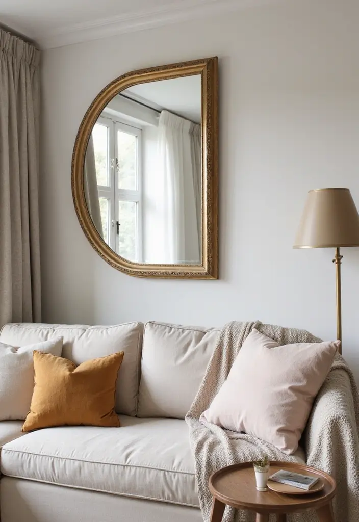 28 Living Room With Sofa Ideas That Feel Cozy and Balanced - 9. Reflective Surfaces