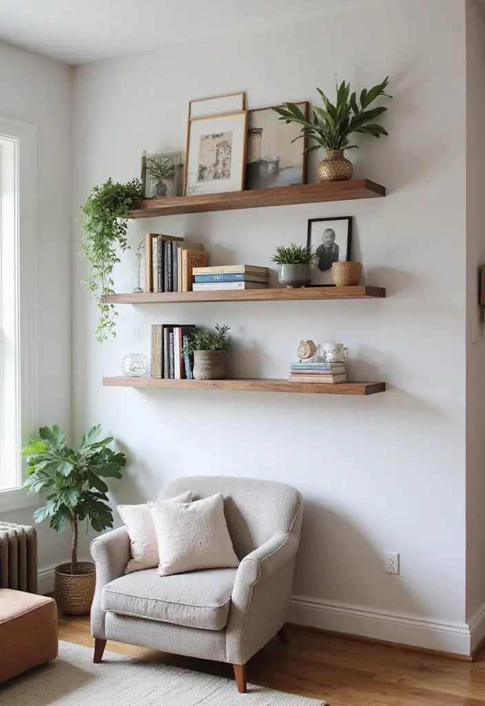 28 Modern Chic Living Room Ideas That Feel Sleek and Feminine - 8. Functional Wall Shelves