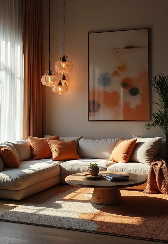 28 Orange Grey Living Room Ideas That Feel Vibrant and Balanced - 10. Layered Lighting