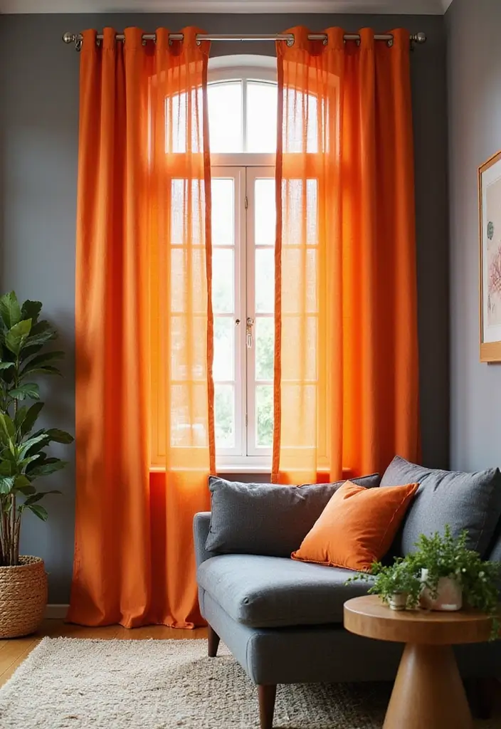 28 Orange Grey Living Room Ideas That Feel Vibrant and Balanced - 11. Orange Curtains Against Grey Walls