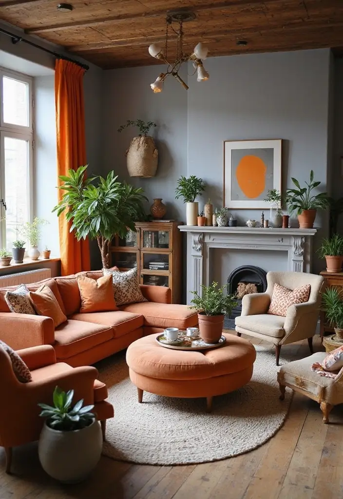 28 Orange Grey Living Room Ideas That Feel Vibrant and Balanced - 12. Eclectic Orange and Grey Décor