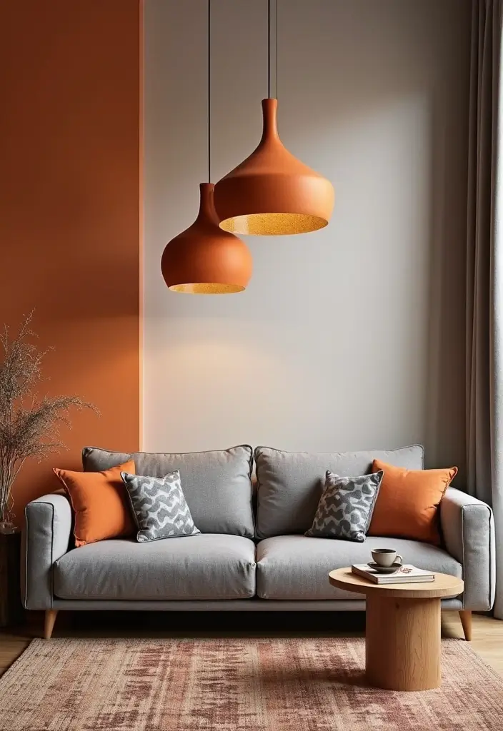 28 Orange Grey Living Room Ideas That Feel Vibrant and Balanced - 13. Statement Orange Lighting Fixtures