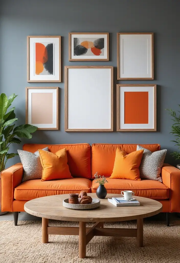 28 Orange Grey Living Room Ideas That Feel Vibrant and Balanced - 14. Orange and Grey Wall Art Gallery
