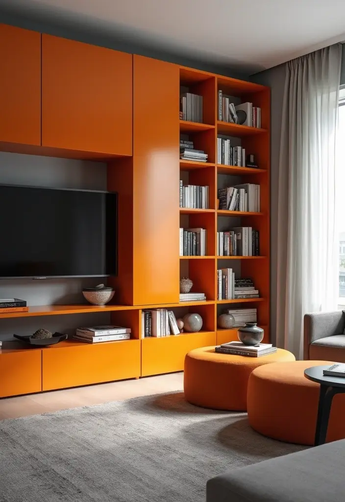 28 Orange Grey Living Room Ideas That Feel Vibrant and Balanced - 15. Vibrant Orange Storage Solutions