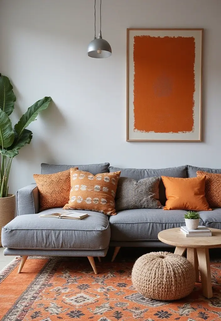 28 Orange Grey Living Room Ideas That Feel Vibrant and Balanced - 16. Mix of Patterns in Orange and Grey