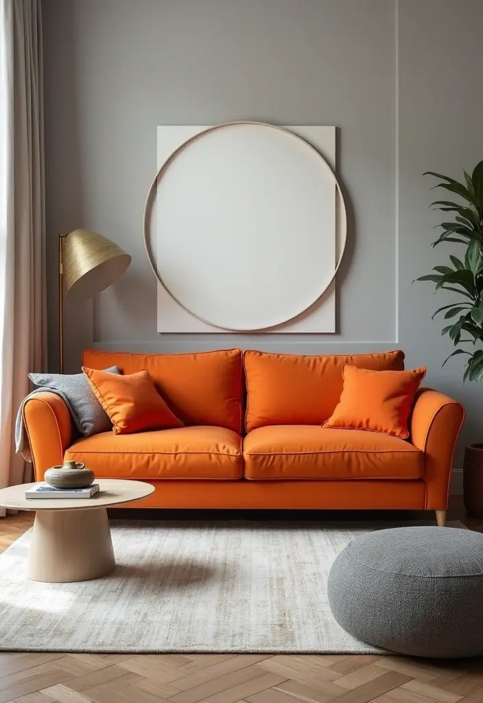 28 Orange Grey Living Room Ideas That Feel Vibrant and Balanced - 17. Statement Orange Sofa