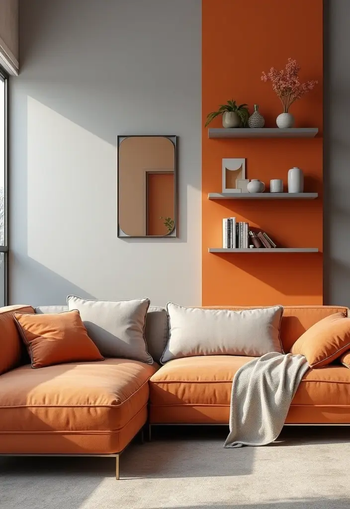 28 Orange Grey Living Room Ideas That Feel Vibrant and Balanced - 18. Orange and Grey Wall Décor