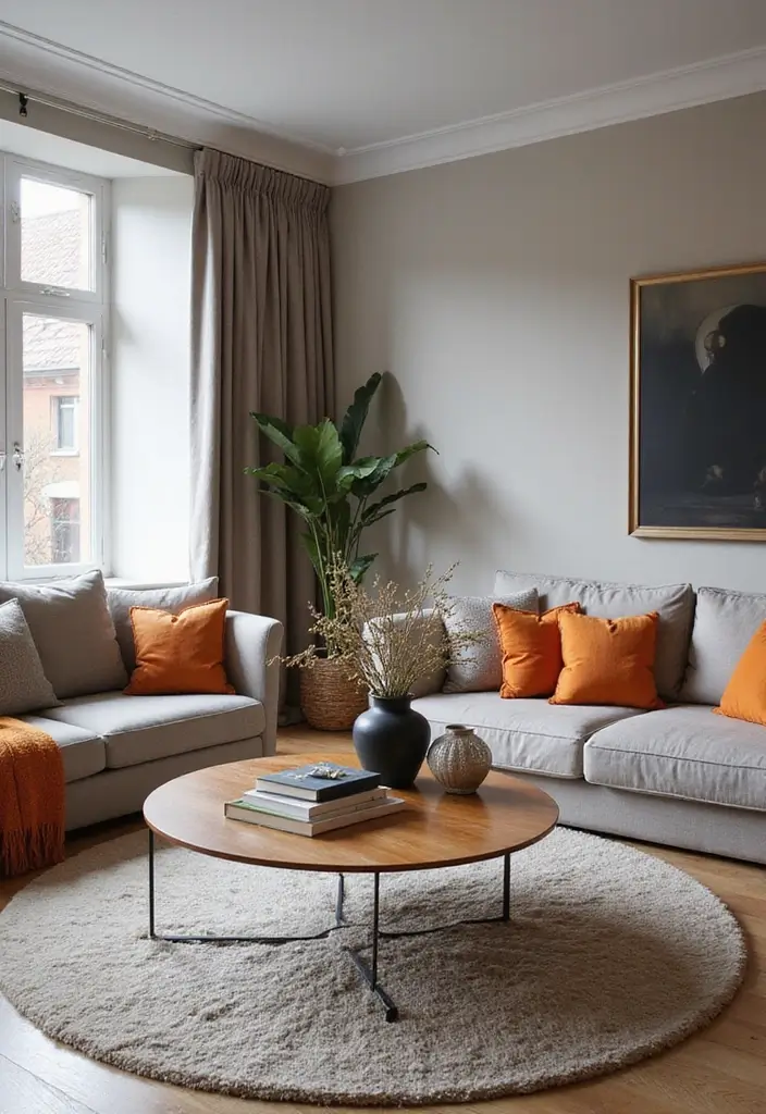 28 Orange Grey Living Room Ideas That Feel Vibrant and Balanced - 19. Orange and Grey Coffee Table Styling