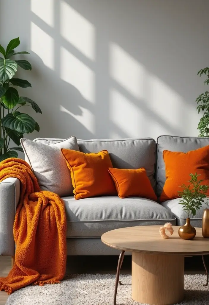 28 Orange Grey Living Room Ideas That Feel Vibrant and Balanced - 2. Cozy Grey Sofas with Orange Throws