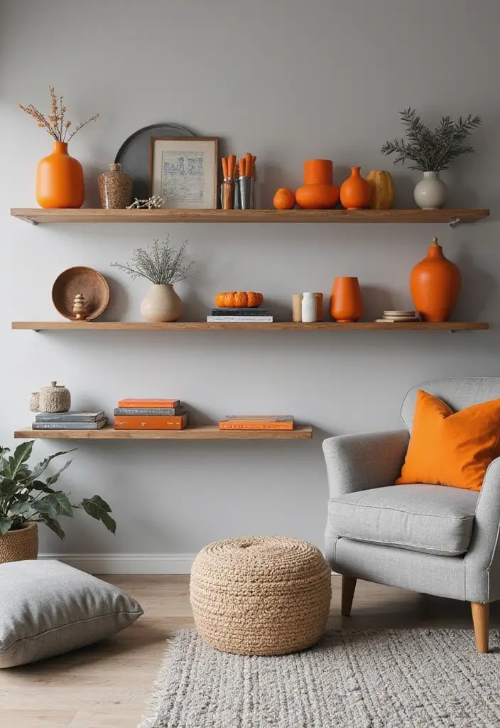 28 Orange Grey Living Room Ideas That Feel Vibrant and Balanced - 20. Open Shelving in Orange and Grey