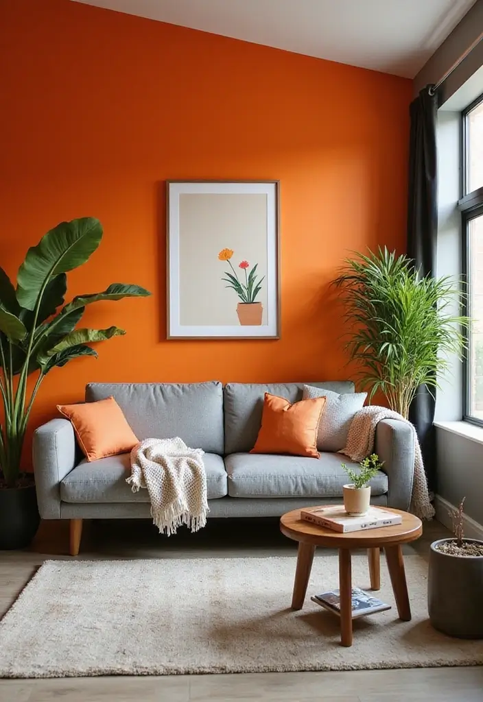 28 Orange Grey Living Room Ideas That Feel Vibrant and Balanced - 21. Vibrant Orange Accent Walls
