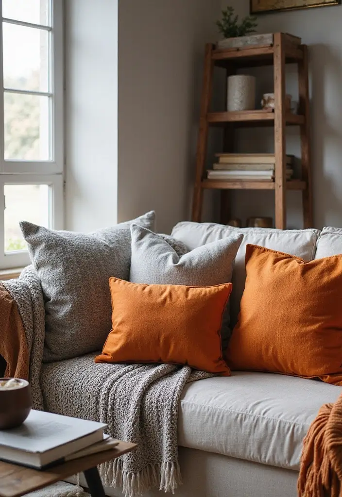 28 Orange Grey Living Room Ideas That Feel Vibrant and Balanced - 22. Layered Textiles