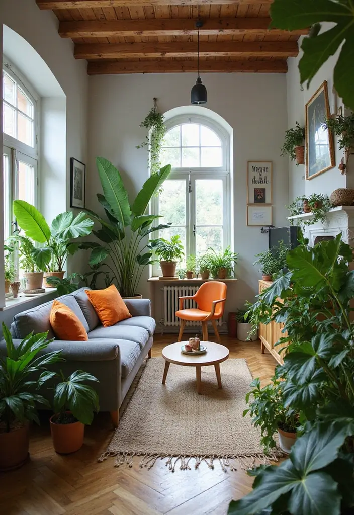 28 Orange Grey Living Room Ideas That Feel Vibrant and Balanced - 26. Greenery with Orange and Grey