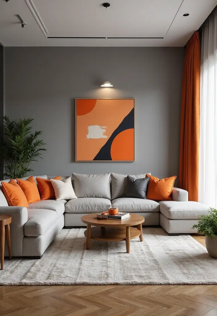 28 Orange Grey Living Room Ideas That Feel Vibrant and Balanced - 28. Balanced Color Palette with Accents