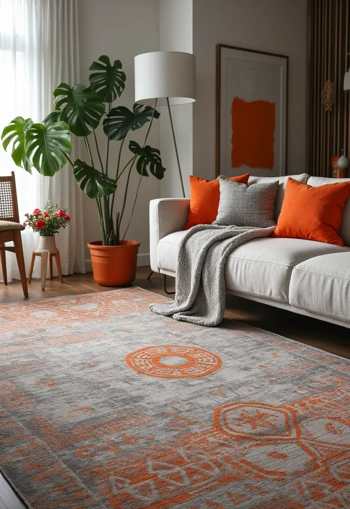 28 Orange Grey Living Room Ideas That Feel Vibrant and Balanced - 3. Grey Rugs with Orange Patterns