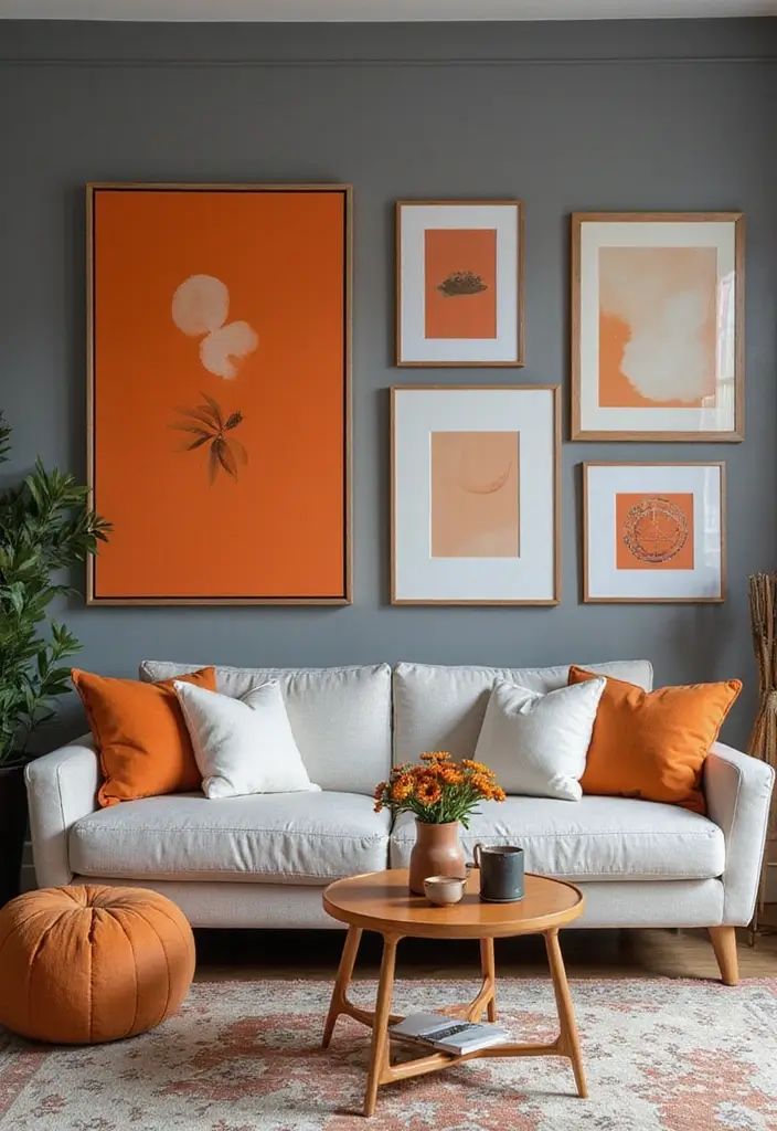 28 Orange Grey Living Room Ideas That Feel Vibrant and Balanced - 4. Orange Artwork on Grey Walls