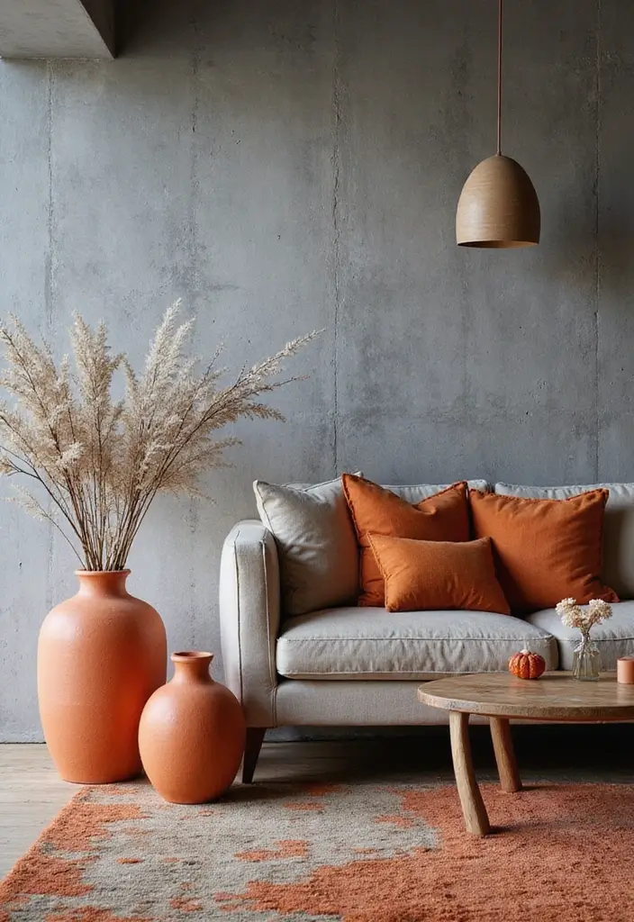 28 Orange Grey Living Room Ideas That Feel Vibrant and Balanced - 6. Textured Grey Walls with Orange Accents