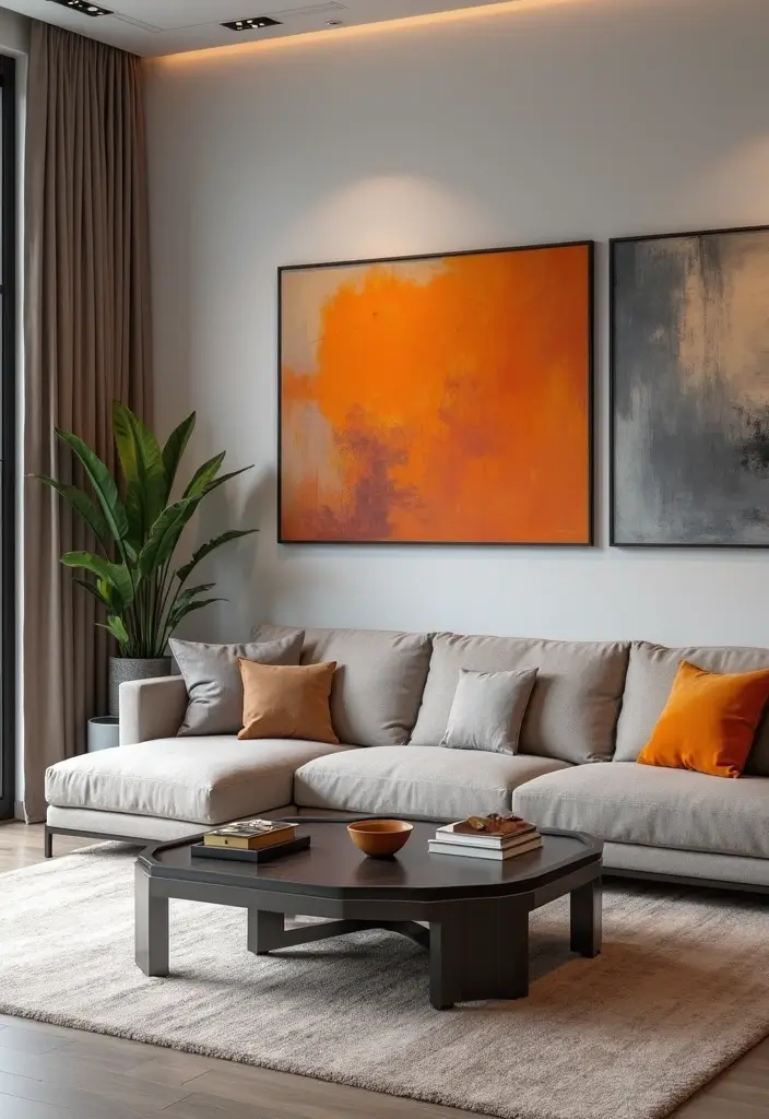 28 Orange Grey Living Room Ideas That Feel Vibrant and Balanced - 7. Contemporary Artwork with Orange and Grey Tones
