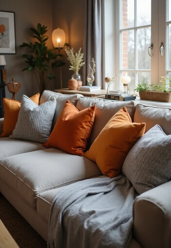 28 Orange Grey Living Room Ideas That Feel Vibrant and Balanced - 8. Orange and Grey Throw Pillows