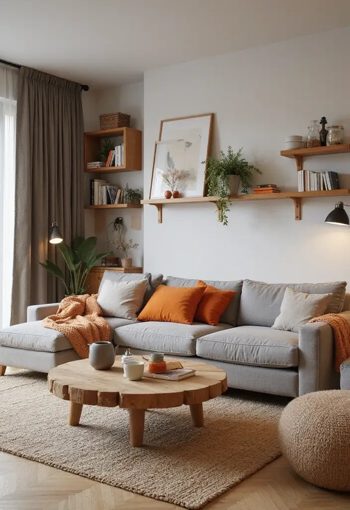 28 Orange Grey Living Room Ideas That Feel Vibrant and Balanced - 9. Natural Wood Accents
