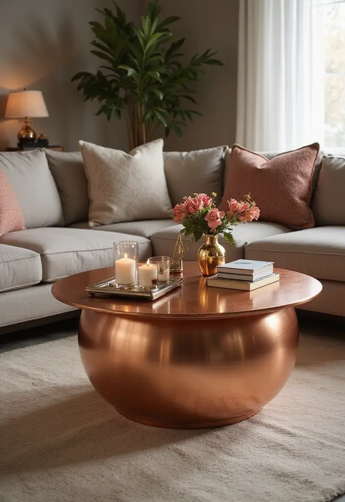 28 Rose Gold Living Room Ideas That Add Glamour and Shine - 1. Glamorous Rose Gold Coffee Table