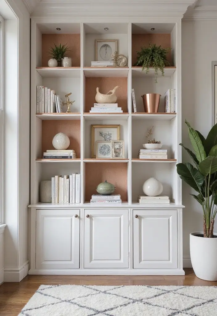 28 Rose Gold Living Room Ideas That Add Glamour and Shine - 11. Rose Gold Accented Bookshelves