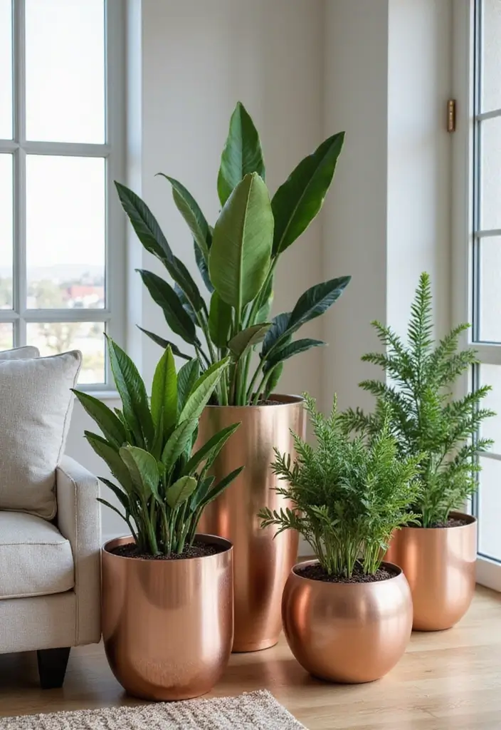 28 Rose Gold Living Room Ideas That Add Glamour and Shine - 12. Eye-catching Rose Gold Planters