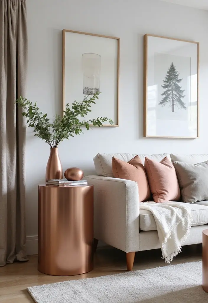 28 Rose Gold Living Room Ideas That Add Glamour and Shine - 13. Stylish Rose Gold Side Tables