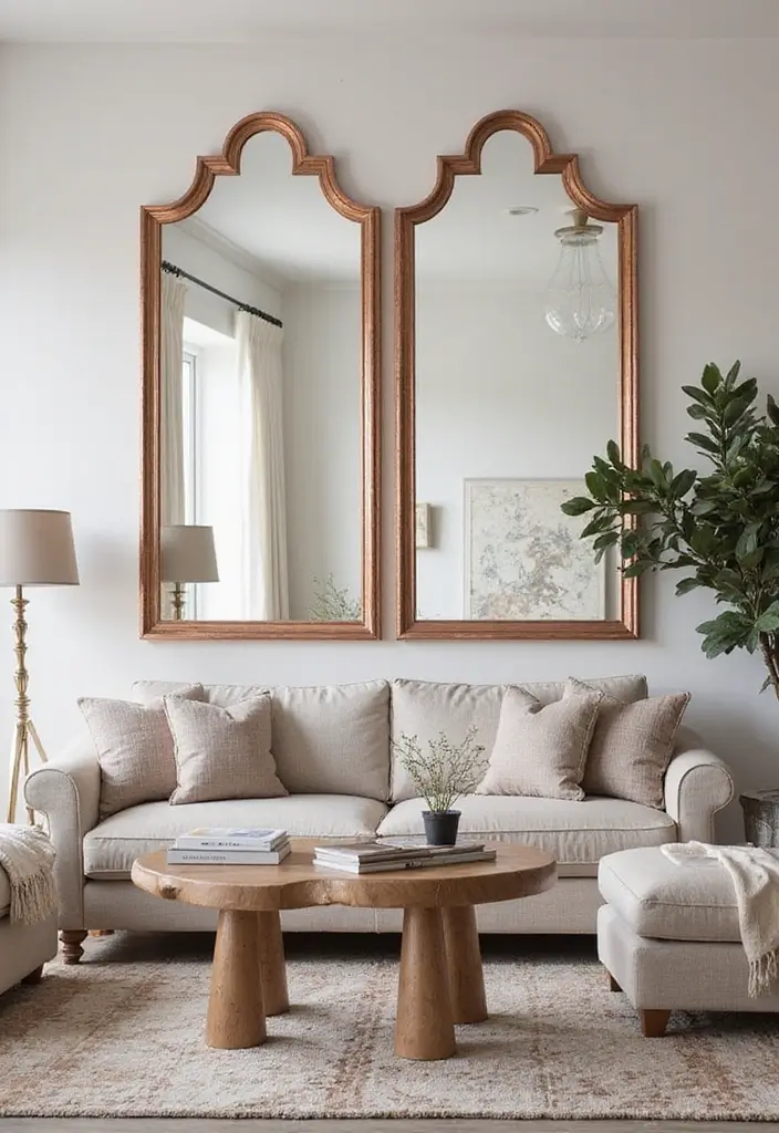 28 Rose Gold Living Room Ideas That Add Glamour and Shine - 16. Striking Rose Gold Accented Mirrors