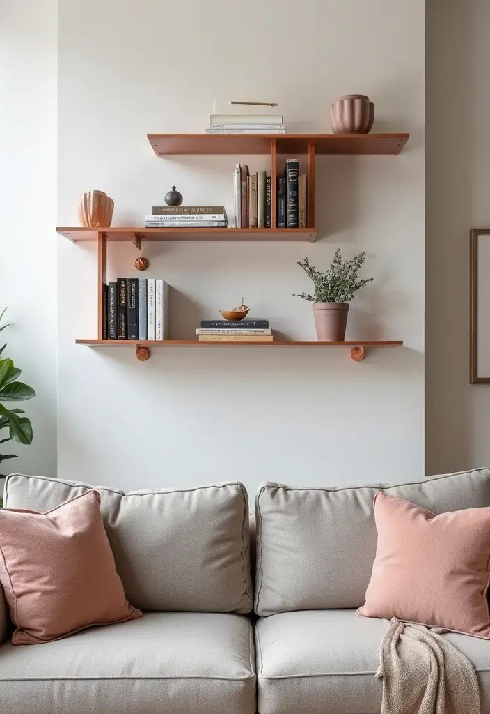 28 Rose Gold Living Room Ideas That Add Glamour and Shine - 19. Trendy Rose Gold Wall Shelves