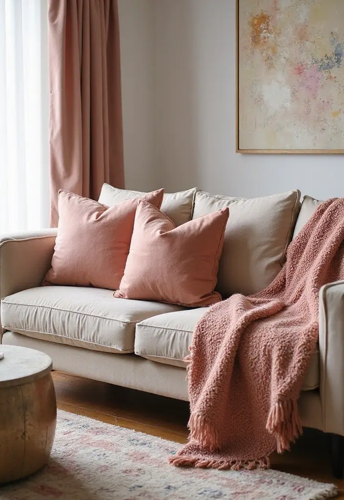 28 Rose Gold Living Room Ideas That Add Glamour and Shine - 2. Plush Rose Gold Accents in Textiles