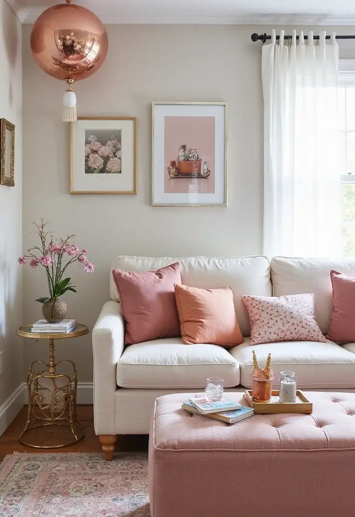 28 Rose Gold Living Room Ideas That Add Glamour and Shine - 21. Whimsical Rose Gold Decor Items