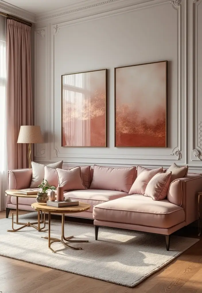 28 Rose Gold Living Room Ideas That Add Glamour and Shine - 23. Rose Gold Themed Art Pieces