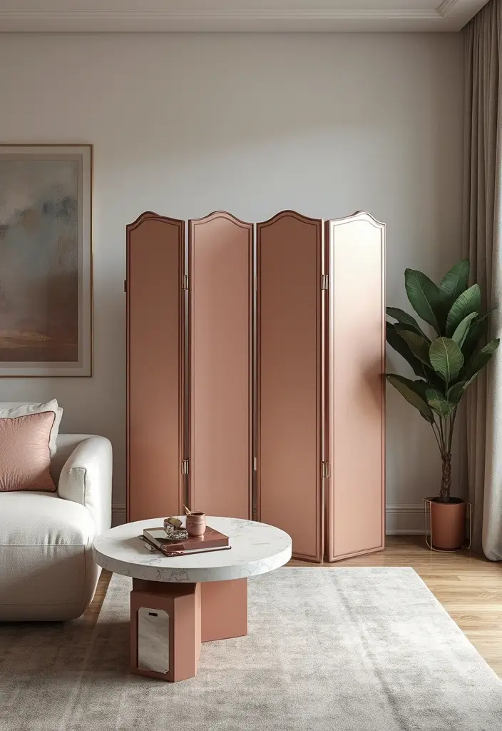 28 Rose Gold Living Room Ideas That Add Glamour and Shine - 25. Rose Gold Screen Dividers